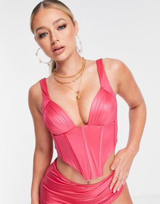 satin corset bikini top in hot pink