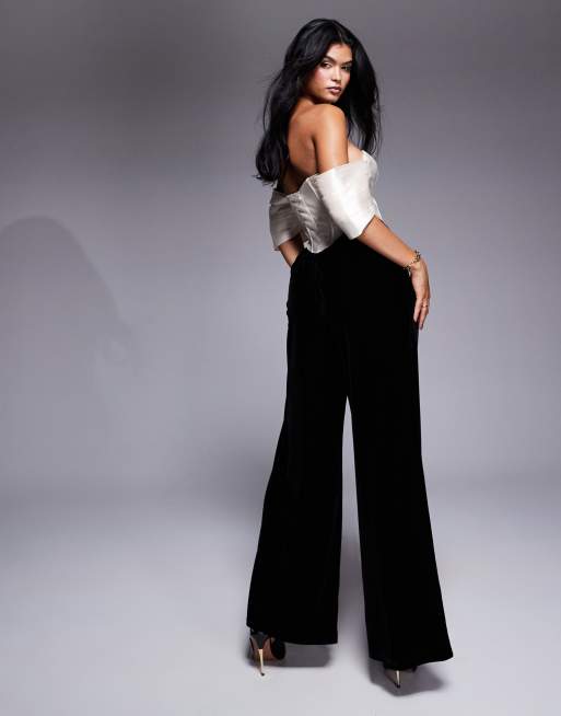 驚きの激安価格 ASOS LUXE black in pants velvet with jumpsuit corseted satin パンツ