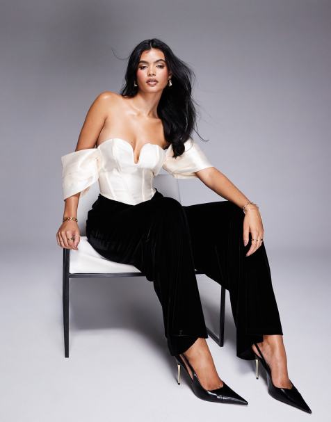 ASOS LUXE satin corseted jumpsuit with velvet trouser in black - view 1