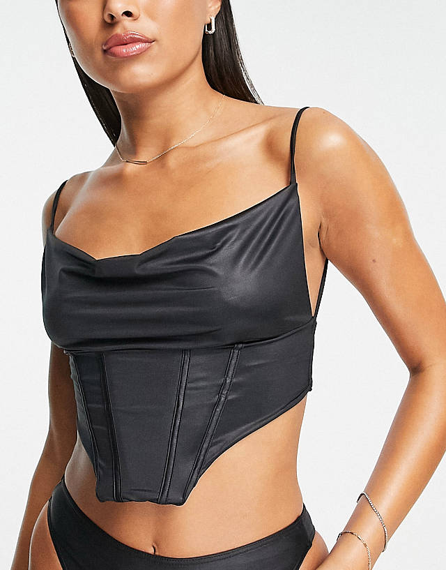 ASOS LUXE - satin cowl front corset bikini top in black