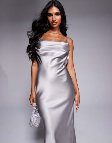 ASOS LUXE satin cowl neck slip maxi dress in silver - part of a set - view 1