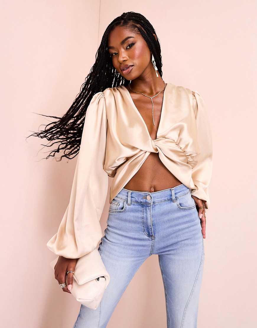 ASOS LUXE satin drape twist front top in oyster-Gold