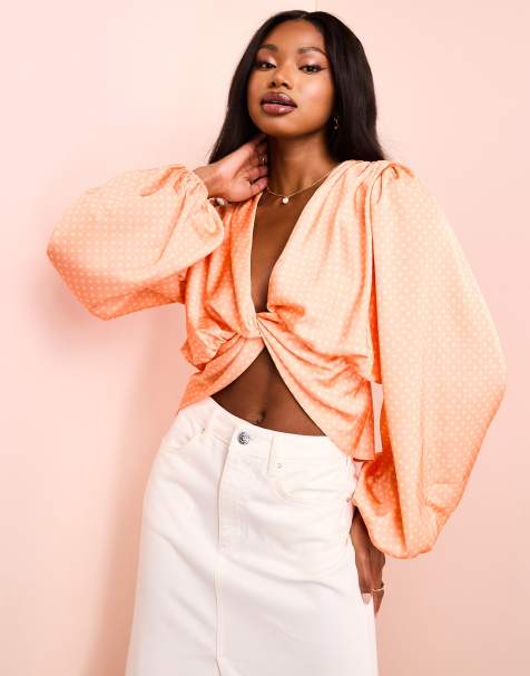 ASOS LUXE satin drape twist front top in polka dot - view 1