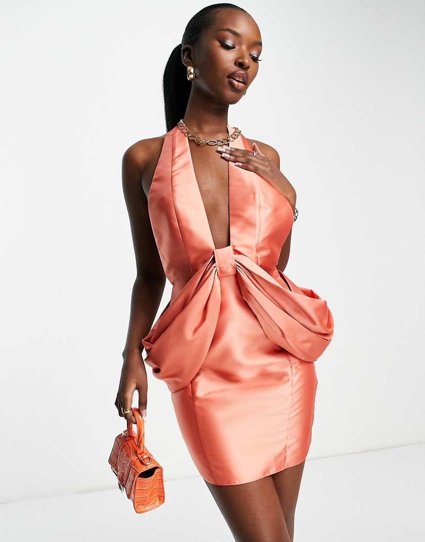 ASOS LUXE satin halter bow sleeve mini dress in coral-Pink