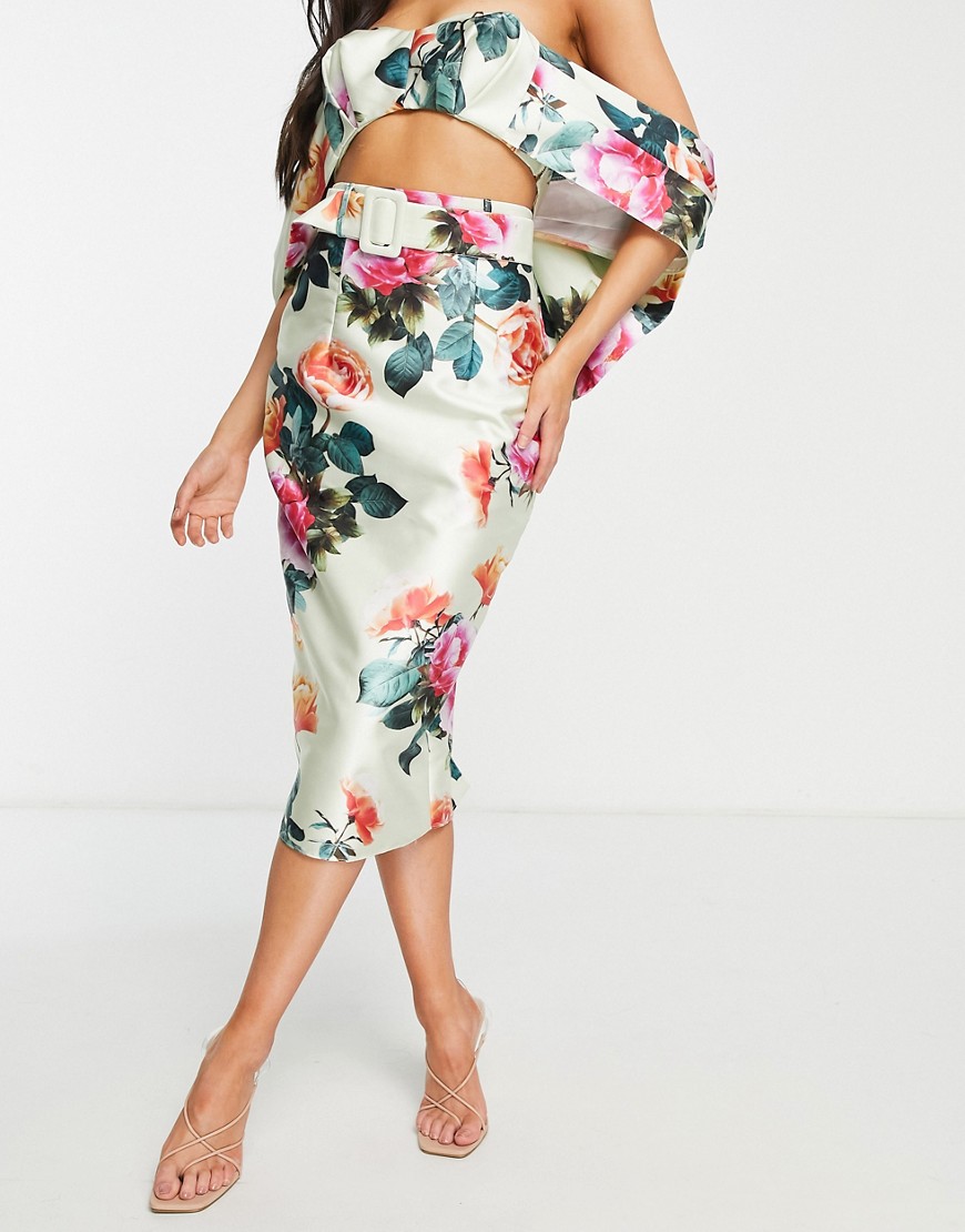 ASOS LUXE satin midi pencil skirt in floral print - part of a set-Multi
