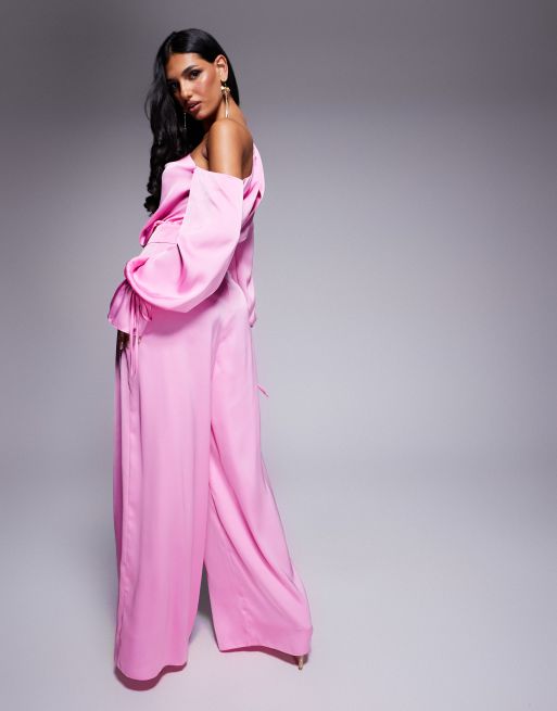 ASOS LUXE satin off shoulder wide leg jumpsuit with bow in pink