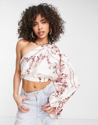ASOS LUXE satin one sleeve cropped blouse in placement floral print