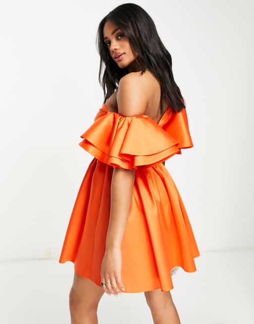 Corset Bodice Puff Sheer Long Sleeve Orange Formal Dress - Lunss