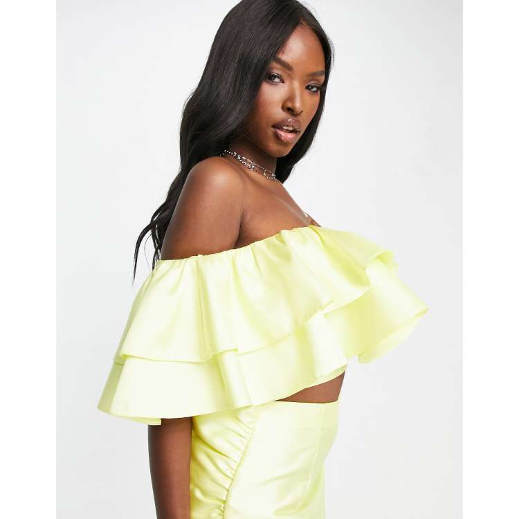 ASOS LUXE satin ruffle off shoulder mini dress in lemon