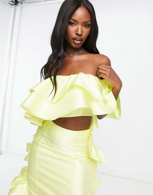 ASOS LUXE satin ruffle off shoulder crop top in lemon - part of a set