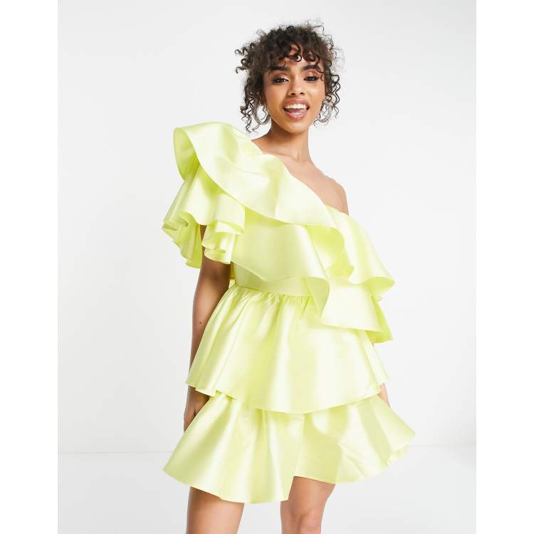 ASOS LUXE satin ruffle off shoulder mini dress in lemon