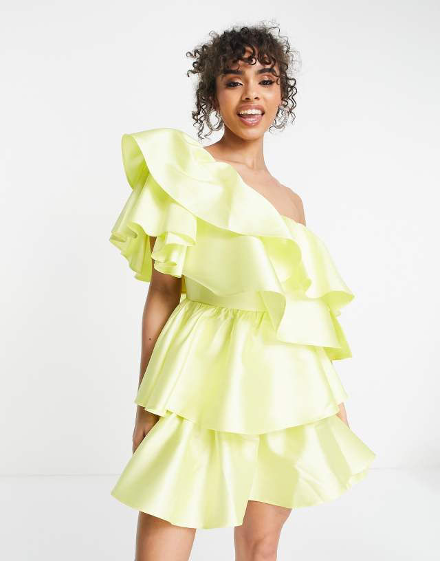 ASOS LUXE satin ruffle off shoulder mini dress in lemon