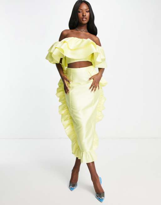 ASOS LUXE satin ruffle pencil midi skirt in lemon (Part of a set)