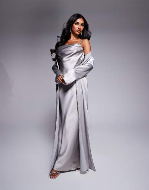 ASOS LUXE satin slip set in silver - view 1