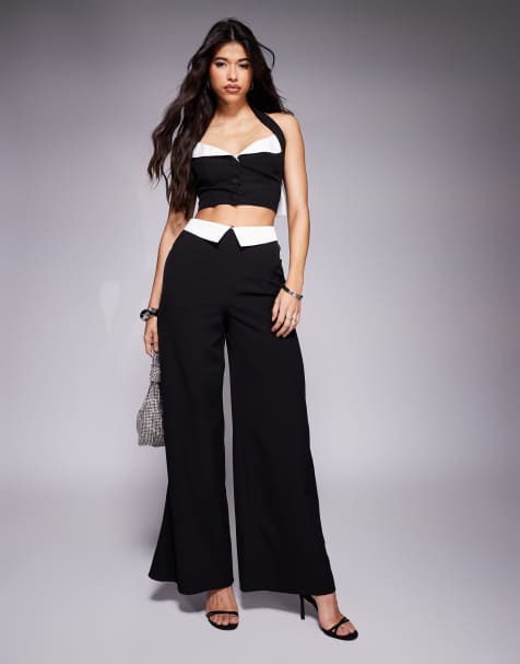 ASOS LUXE – Satinhose in Schwarz mit weitem Bein und Kontrastdetails, Kombiteil - view 1