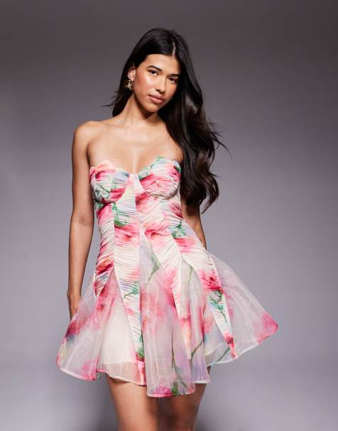 ASOS LUXE Scallop cup bandeau mini dress in blurred floral - view 1