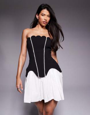 ASOS LUXE scallop hem mini dress with cotton poplin skirt with embellished pearl