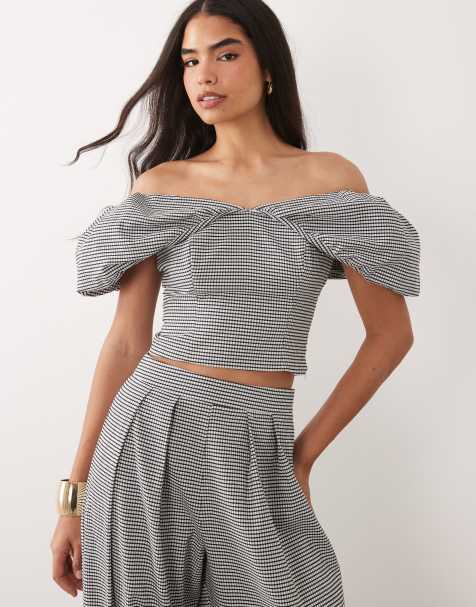 ASOS LUXE – Schulterfreies Schößchenoberteil mit Vichy-Karomuster, Kombiteil - view 1