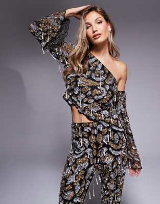 ASOS LUXE – Schulterfreies, verziertes Oberteil in Schwarz mit Perlenanhängern, Kombiteil - view 1