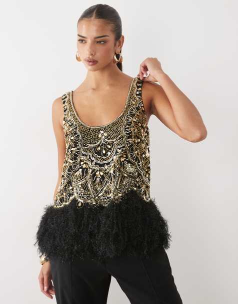 ASOS LUXE scoop neck embellished top with faux feather hem in black and gold