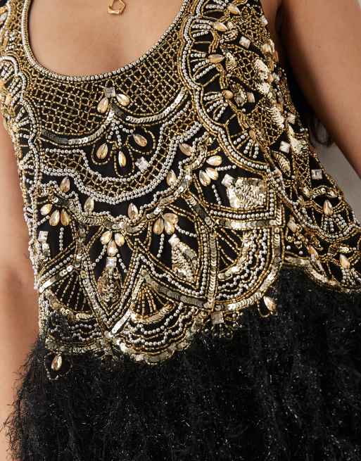 ASOS LUXE scoop neck embellished top with faux feather hem in black and gold, 4 of 4