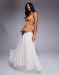 [ASOS LUXE] ASOS LUXE sculpted bandeau maxi dress with pleated dobby mesh skirt in camel-Brown 12 CAMEL