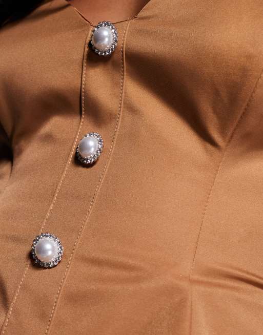 ASOS LUXE sculpted bandeau maxi dress with pleated textured mesh skirt in camel