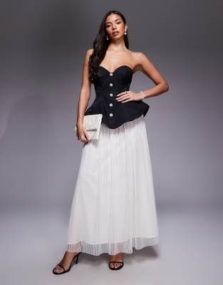 Asos Luxe Sculpted Bandeau Maxi Dress With Pleated Textured Mesh Skirt In Multi