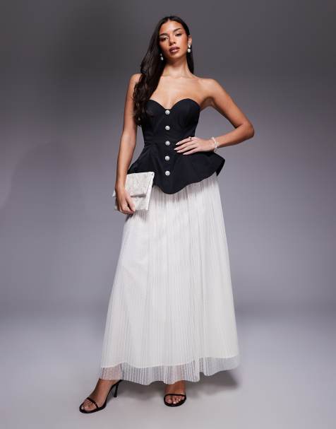 ASOS LUXE sculpted bandeau maxi dress with pleated textured mesh skirt in black and white - view 1