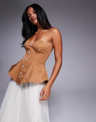Asos Luxe Sculpted Bandeau Maxi Dress With Pleated Textured Mesh Skirt In Brown