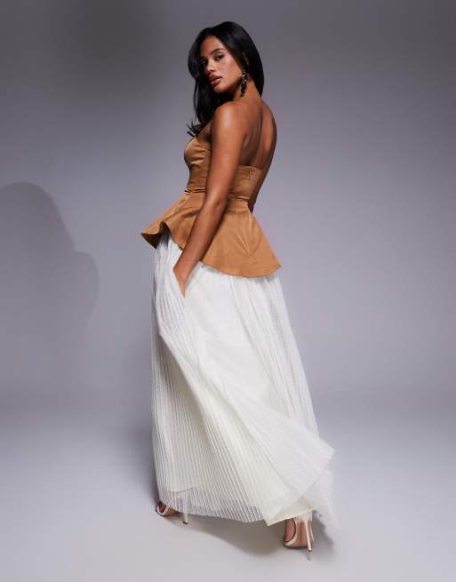 ASOS LUXE sculpted bandeau maxi dress with pleated textured mesh skirt in camel