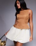 [ASOS LUXE] ASOS LUXE sculpted bow back mini dress with bubble hem in camel-Neutral 8 CAMEL