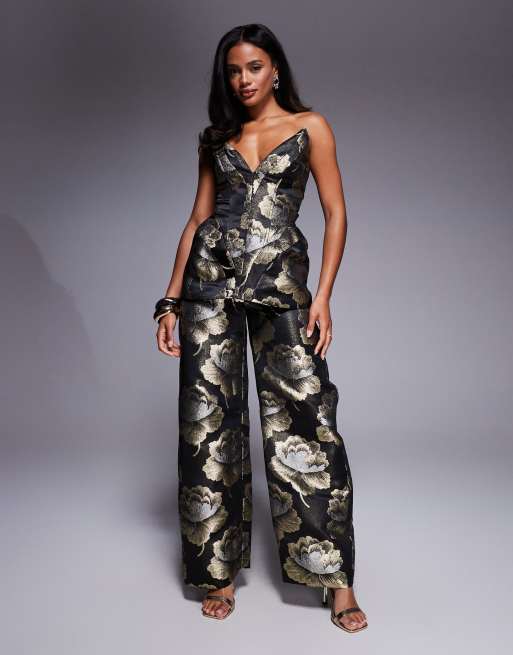 ASOS LUXE sculpted jacquard top in black and gold floral (Part of a set)