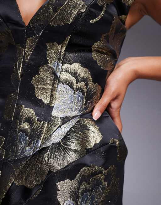 ASOS LUXE sculpted jacquard top in black and gold floral (Part of a set)