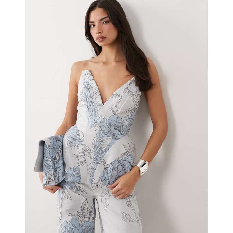 ASOS LUXE sculpted jacquard top in blue floral - part of a set | ASOS