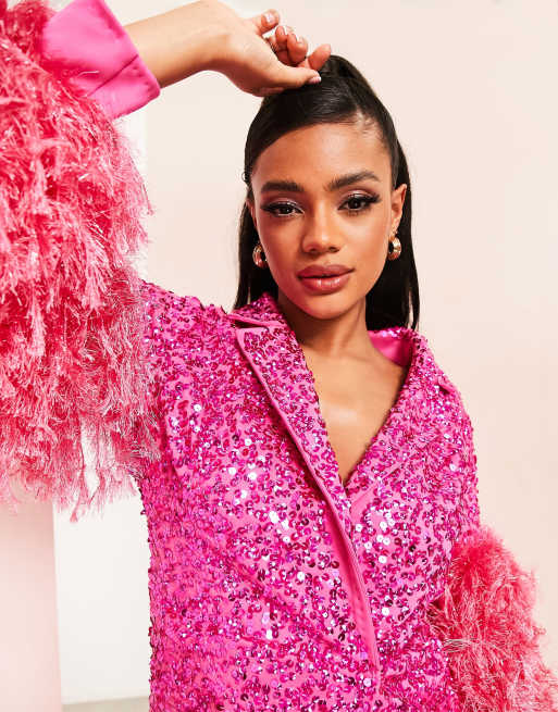 ASOS DESIGN sequin nipped waist suit blazer in pink