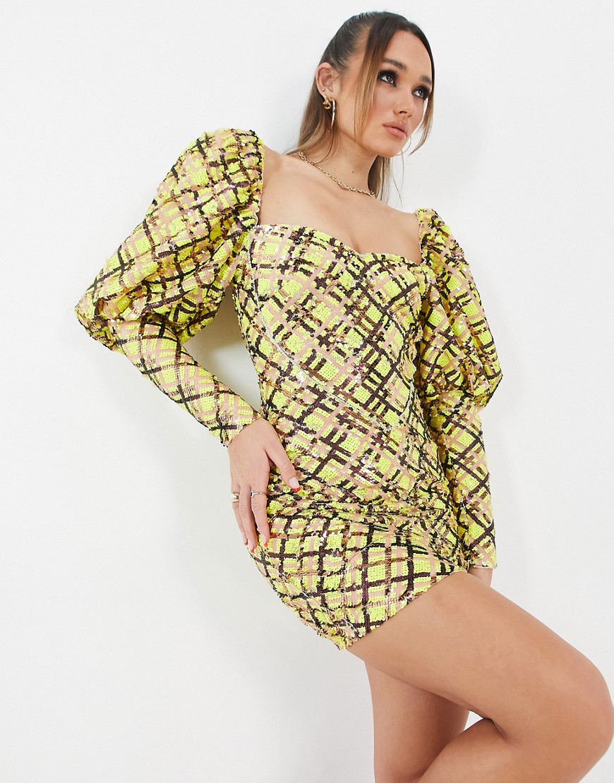 ASOS LUXE sequin embellished love heart puff sleeve mini dress in check-Multi