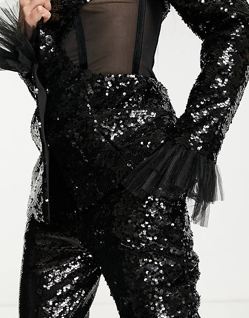 klinke Instruere kreativ ASOS LUXE sequin flare suit pants in black - part of a set | ASOS