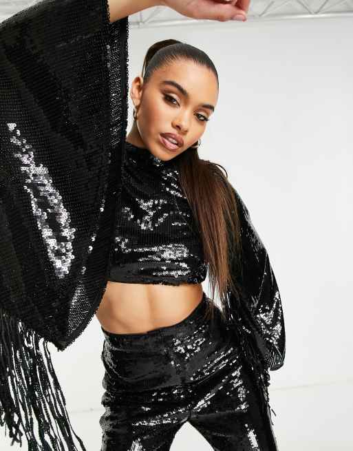 Large Disc Sequin Fringe Crop Top  Sparkle outfit, Sequins, Sequin outfit