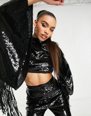 ASOS LUXE co-ord sequin fringe sleeve top with open back in black