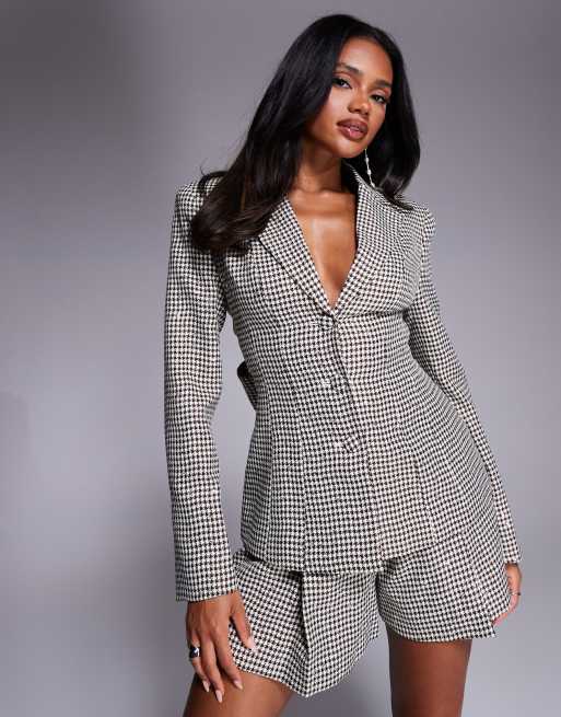 ASOS LUXE sequin houndstooth blazer with bow back in chocolate - part of a set