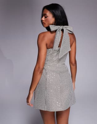 Asos Luxe Sequin Jacquard Halter Mini Dress With Embellished Buttons In Brown