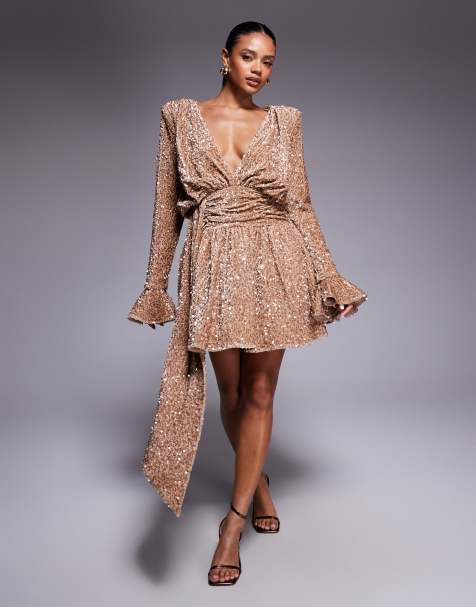ASOS LUXE sequin velvet drape front mini dress with exaggerated shoulders in champagne - view 1