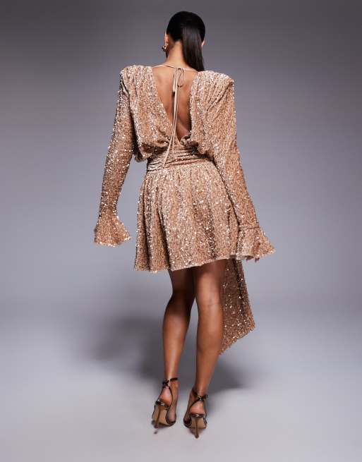 ASOS LUXE sequin velvet drape front mini dress with exaggerated shoulders in champagne, 4 of 4