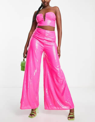 Sequin Bralet In Hot Pink Co-Ord - 12  Wide leg trousers, Pink sequin, Hot  pink