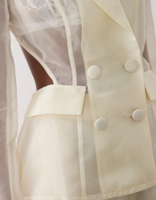 ASOS LUXE sheer cinched blazer top in white (part of a set), 3 of 4