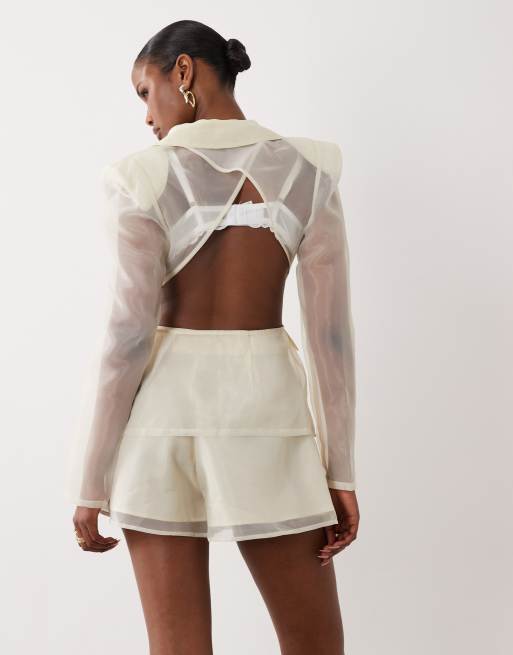 ASOS LUXE sheer high waisted shorts in white (part of a set), 5 of 5