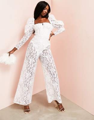 White lace store jumpsuit long sleeve