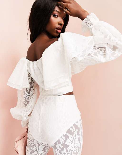 ASOS LUXE halter neck lace ruffle beach sleeve crop top in white