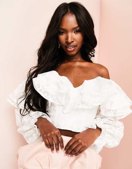 ASOS LUXE sheer lace ruffle top in white - part of a set